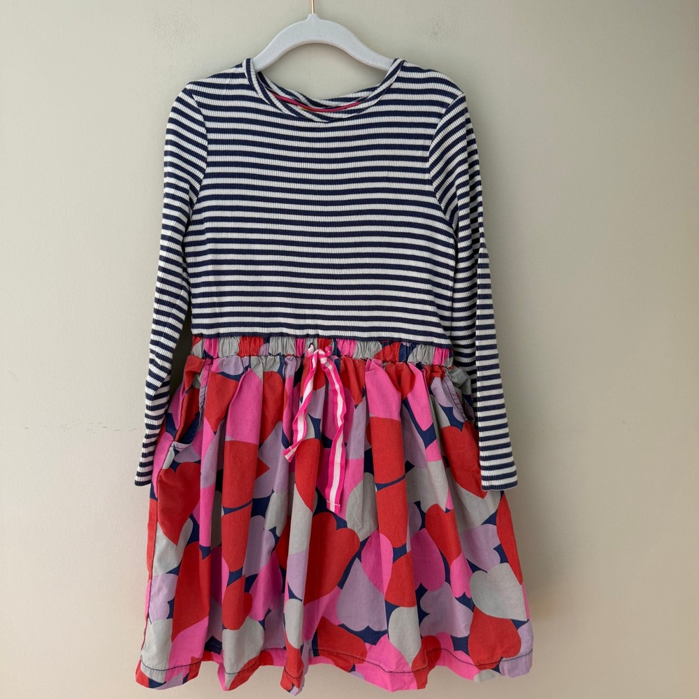 Mini Boden Girls Navy Striped Heart Print Long Sleeve Dress Size 6-7Y 122cm